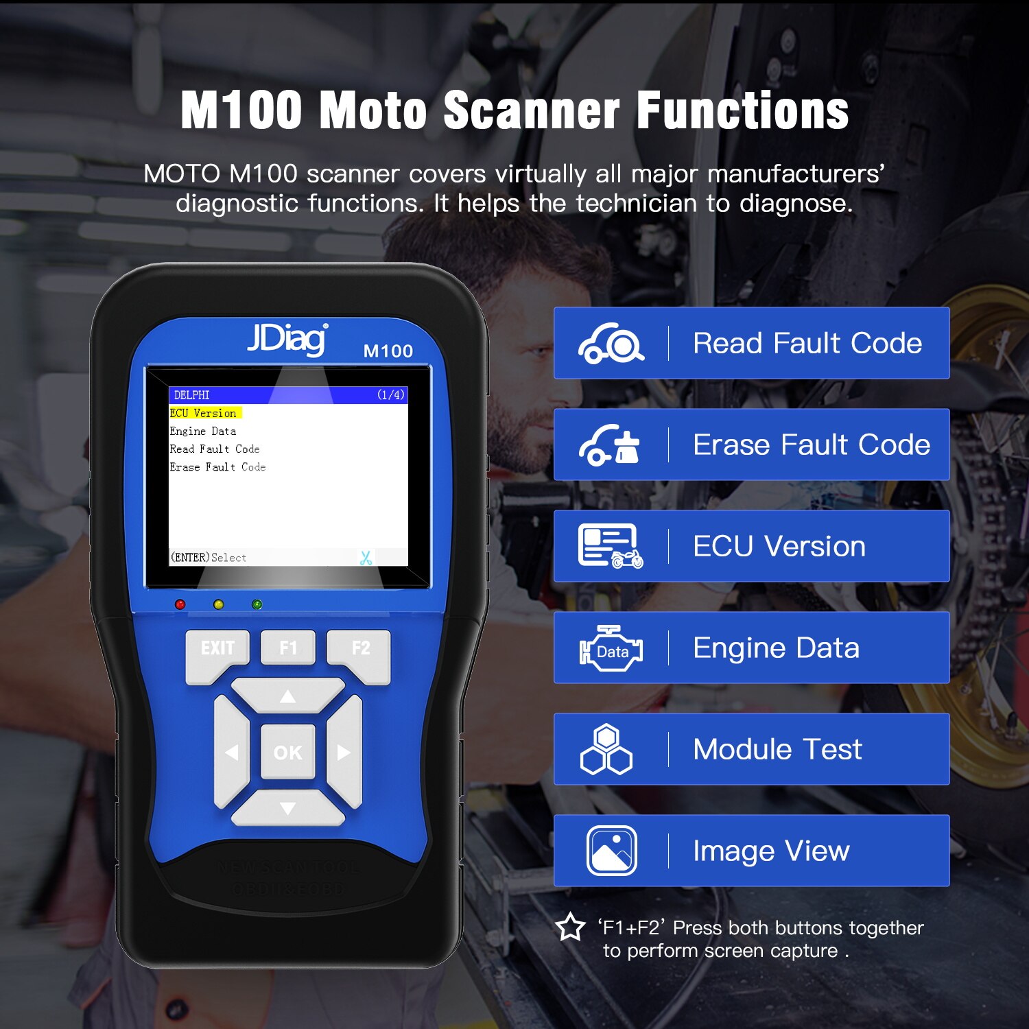 JDiag M100 Motorcycle Diagnostic Tool for k-awasaki y-amaha s-uzuki etc Motorbike Scanner Motor Scan Battery Tester