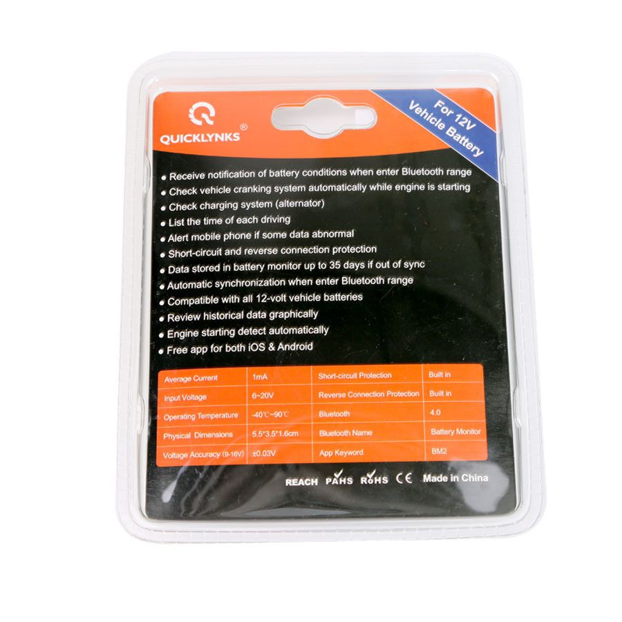 QUICKLYNKS Battery Monitor BM2​​ Bluetooth 4.0 Device Car 12V Battery Tester Digital Analyzer