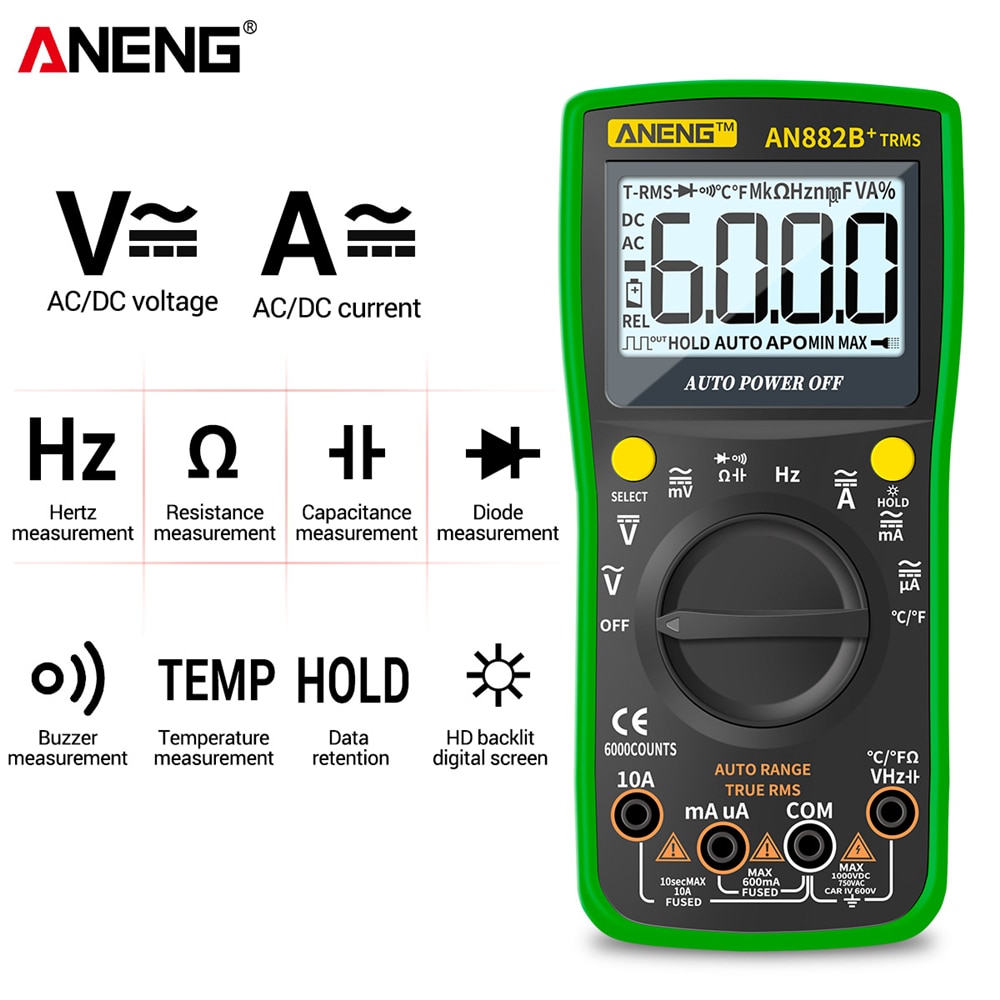 ANENG AN882B+ Digital 6000 Count Professional Multimeter True RMS ACDC Voltage Current  Multimetro Auto Transistor Temp Tester