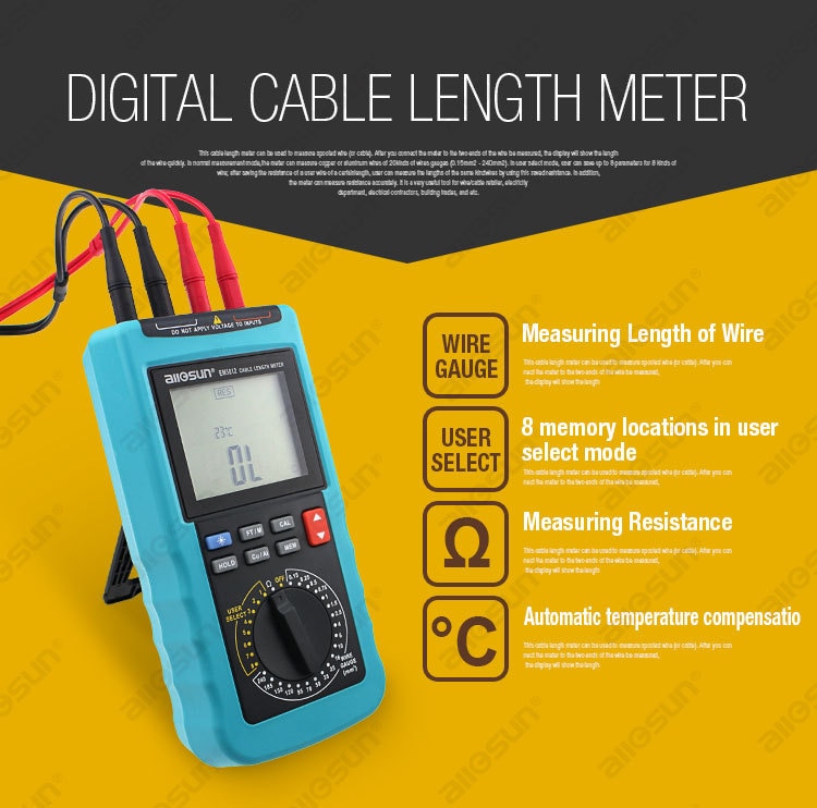 Modern Digital Cable Length Meter 4 1/2 Digit Display Automatic Temperature Compensation 20 Pre-Set Wire Gauge EM5812