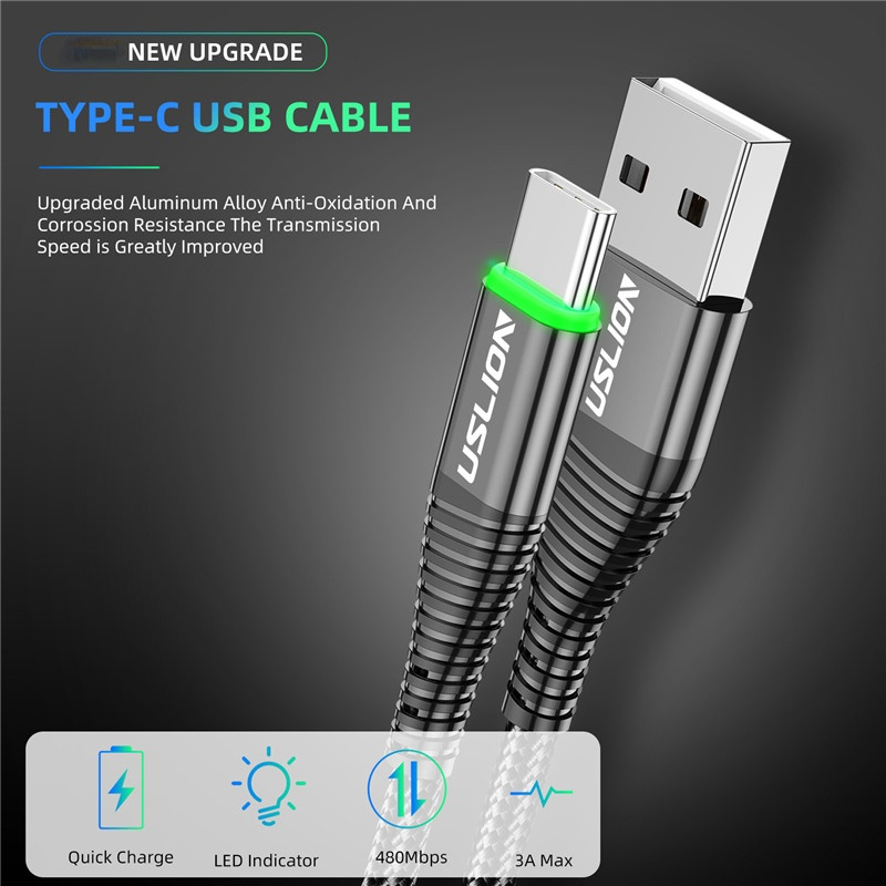 0.5m/1m/2m LED 3A USB Type C Cable Fast Charge Wire for Samsung Galaxy Xiaomi Huawei Note 7 Data USB-C Cable Charger Cord