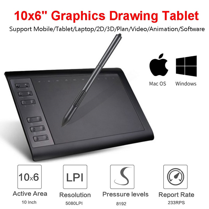 10*6 Inch Professional Graphic Tablet 8192 Levels Digital Drawing Tablet For MAC Window No need charge Pen Tablet