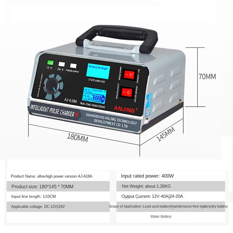 12V/24V Car Battery Charger Large Power 400W Battery Charger Trickle Smart Pulse Repair for Car SUV Truck Boat Motorcycle