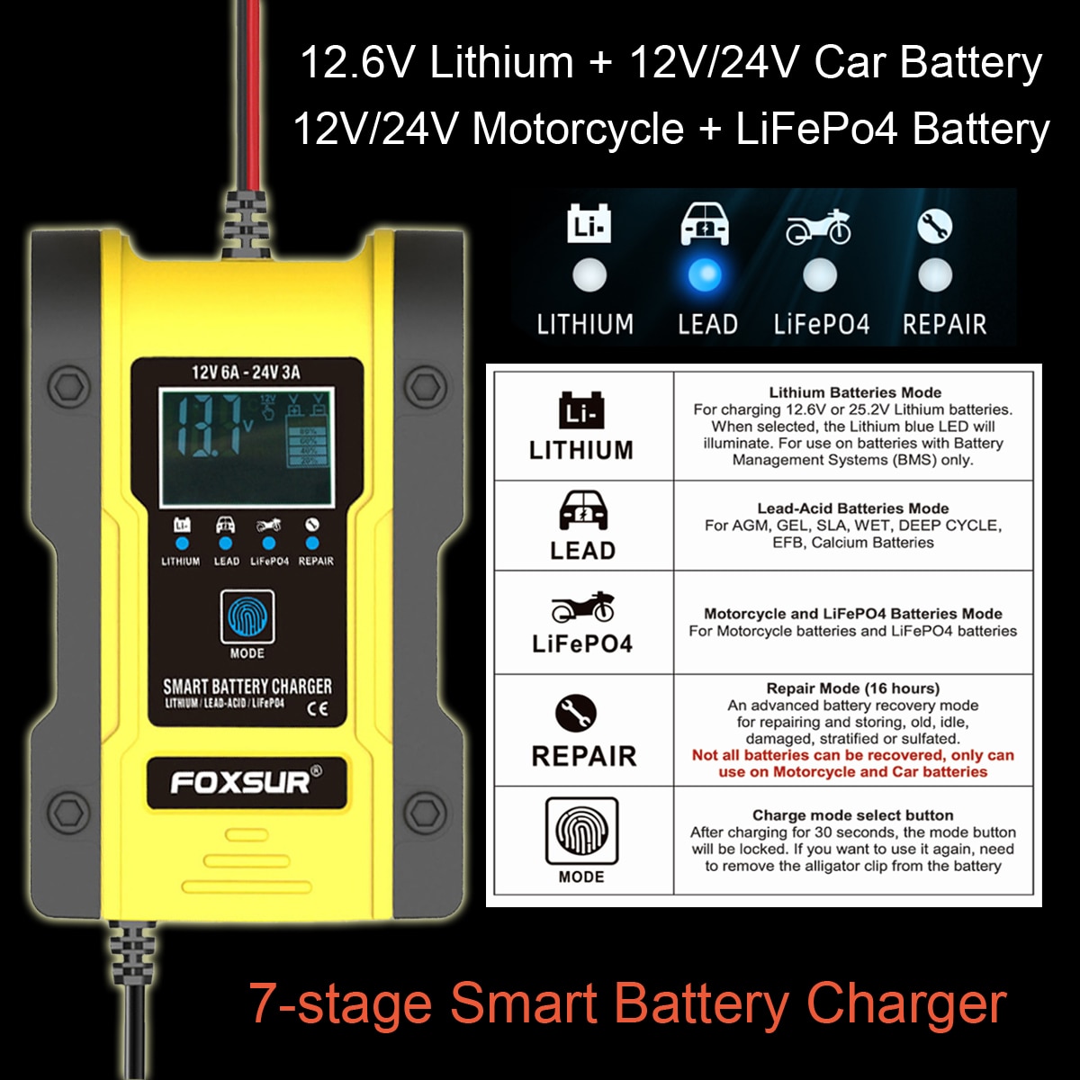 12V 24V Car Battery Charger, 6A 12.6V Lithium Battery Charger & Maintainer, 7-Stage Car & Motorcycle Battery Charger