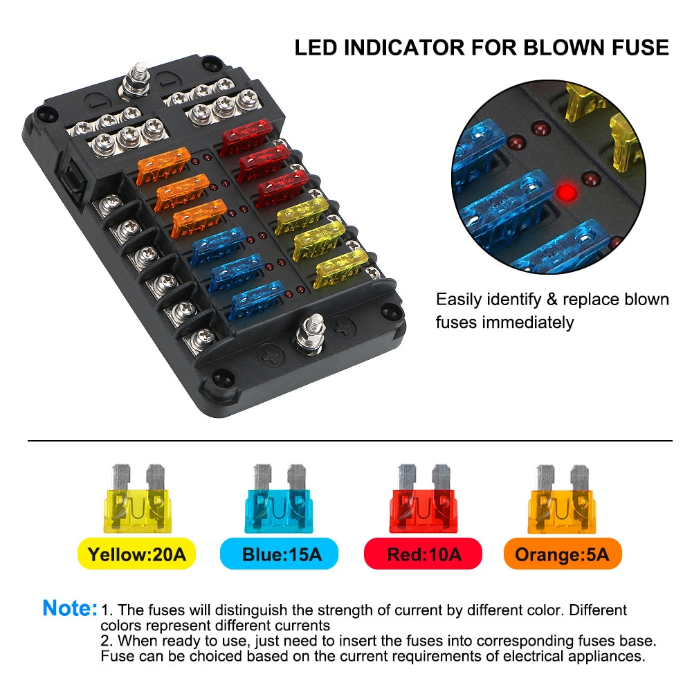 Plastic Cover 6 Ways 12 Ways Blade Fuse Block 12V 32V Fuse Box Holder M5 Stud With LED Indicator Light For Auto Car Marine