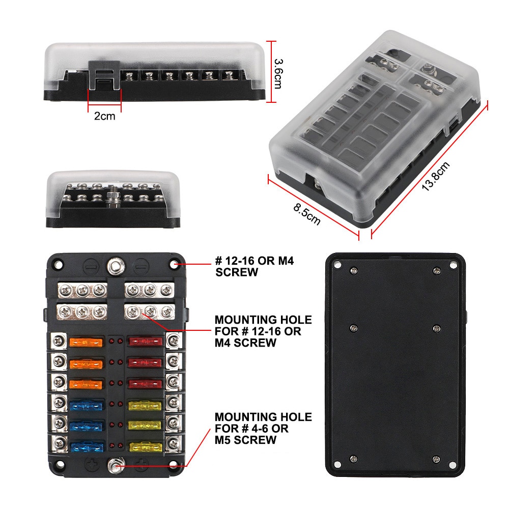 Plastic Cover 6 Ways 12 Ways Blade Fuse Block 12V 32V Fuse Box Holder M5 Stud With LED Indicator Light For Auto Car Marine