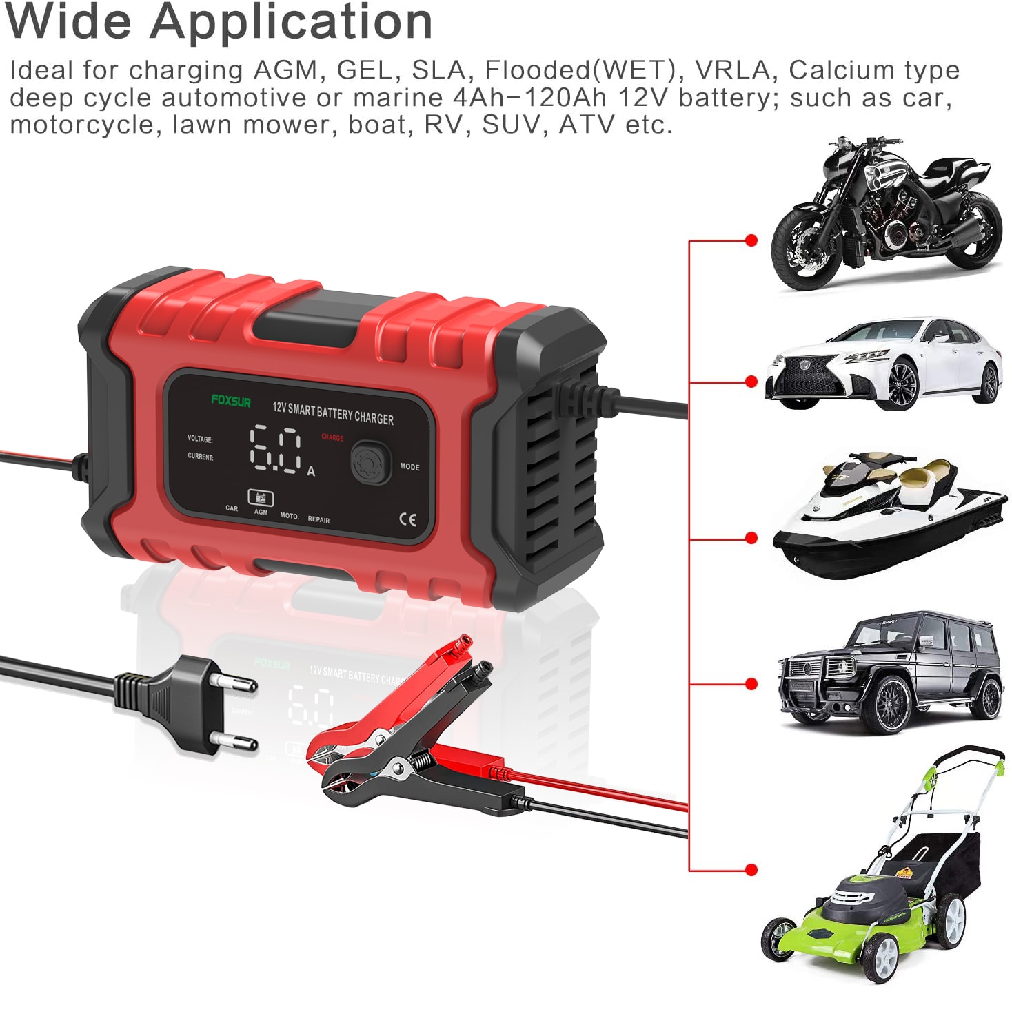 12V 6A Smart Battery Charger with LED Display, Motorcycle & Car Battery Charger 12V AGM GEL WET Lead Acid Battery Charger