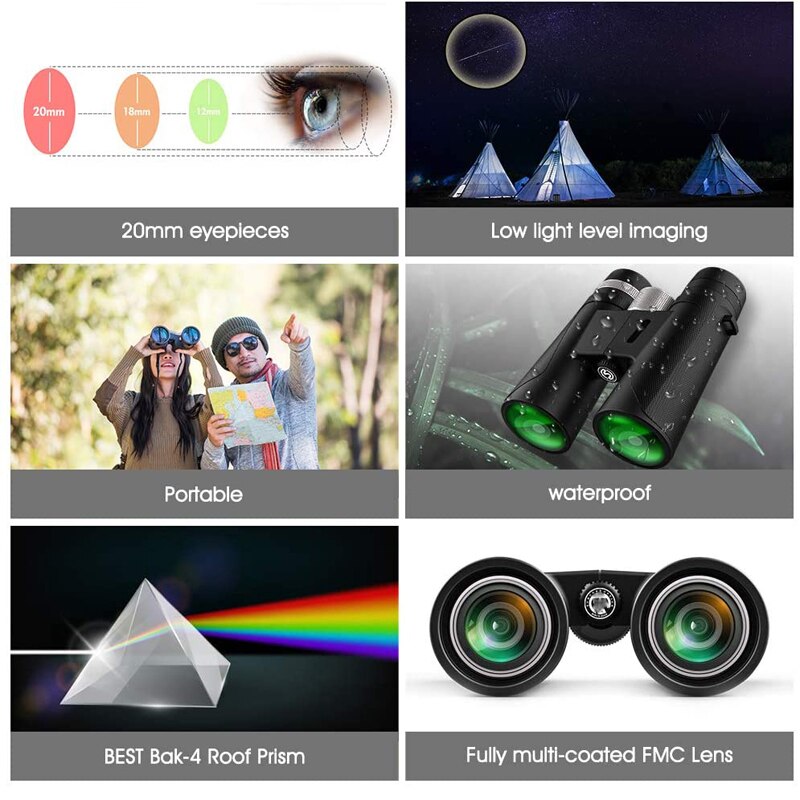 New 12X42 Bird Watching Binoculars High Power HD Telescope BK4 Roof Prism Optical Lenses Super Clear For Travel & Camping