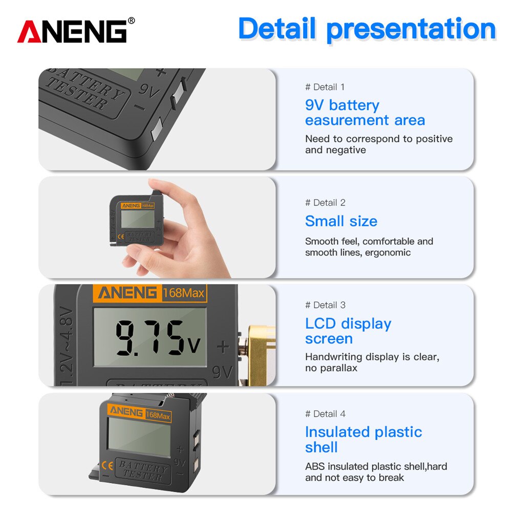 ANENG 168Max Digital Lithium Battery Tester Capacity Universal Test Checkered Load Analyzer Display Check AAA AA Button Cell