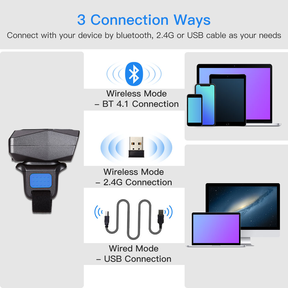 EY-016LP 1D 2D Wearable Ring Barcode Scanner Upgrade Portable Mini Finger Bar Code Reader 2.4GHz Wireless Bluetooth USB Scanner