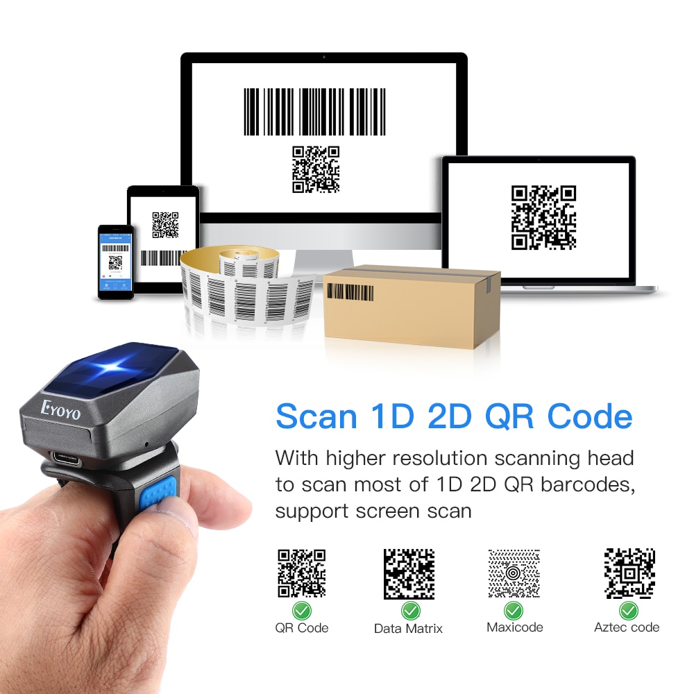 EY-016LP 1D 2D Wearable Ring Barcode Scanner Upgrade Portable Mini Finger Bar Code Reader 2.4GHz Wireless Bluetooth USB Scanner