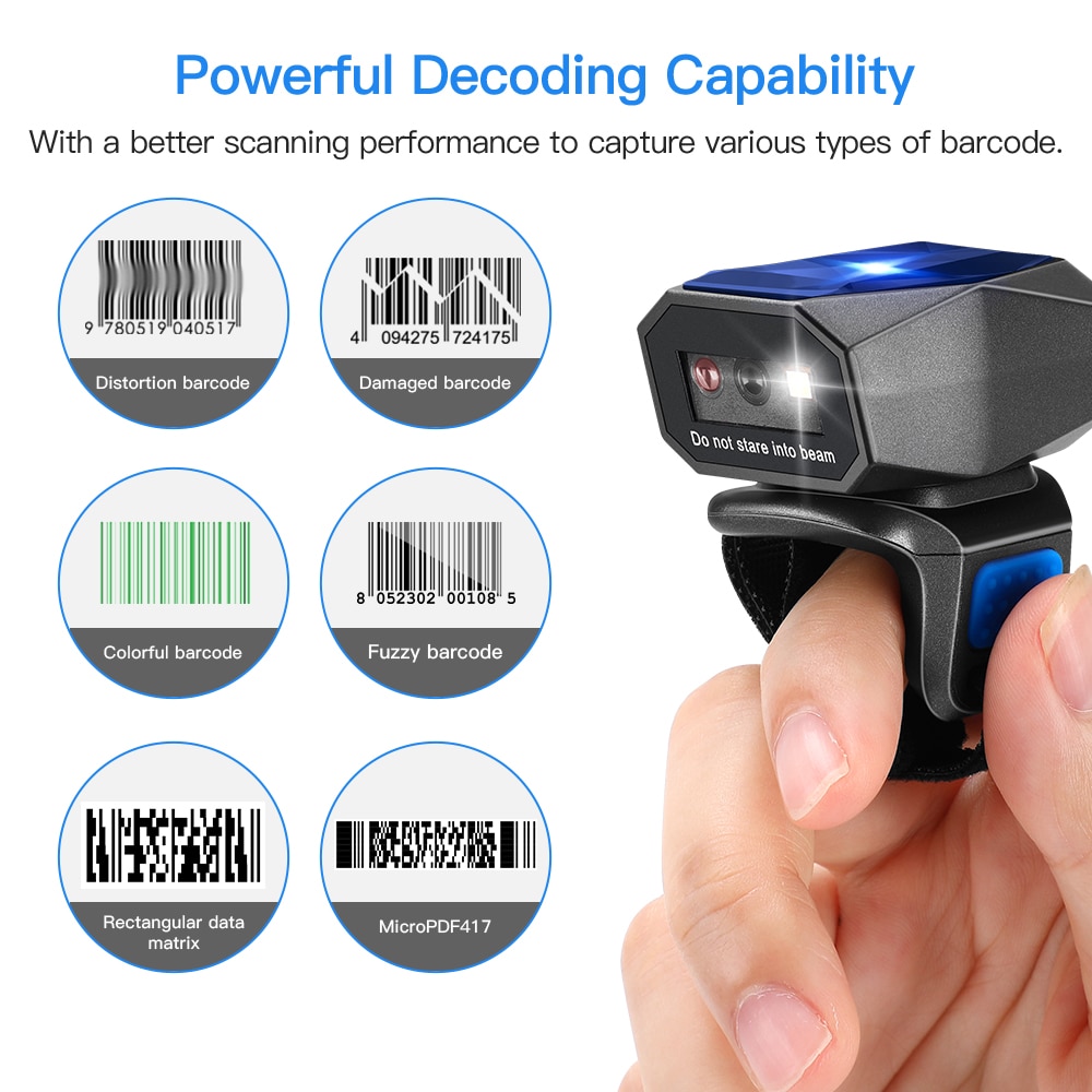 EY-016LP 1D 2D Wearable Ring Barcode Scanner Upgrade Portable Mini Finger Bar Code Reader 2.4GHz Wireless Bluetooth USB Scanner