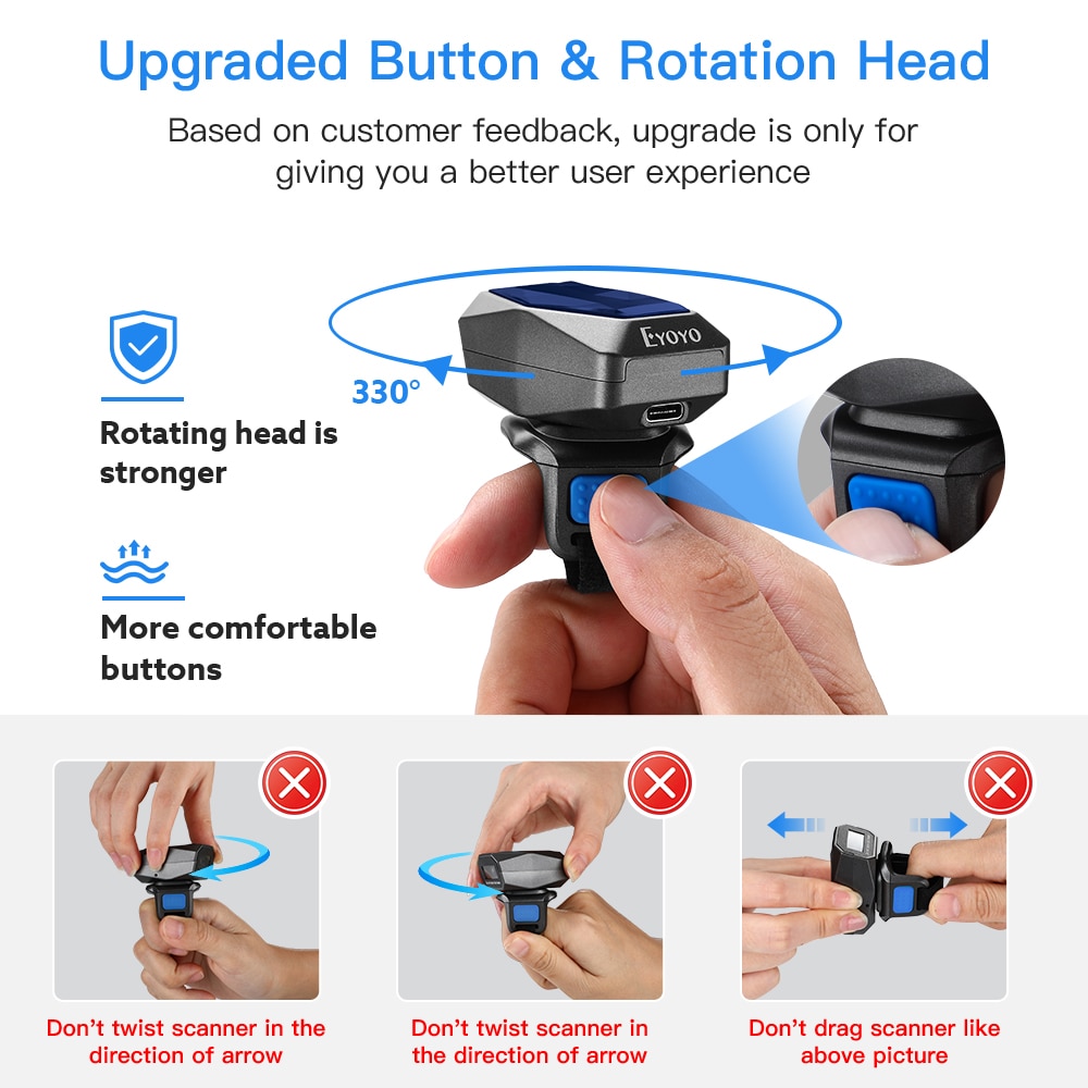 EY-016LP 1D 2D Wearable Ring Barcode Scanner Upgrade Portable Mini Finger Bar Code Reader 2.4GHz Wireless Bluetooth USB Scanner