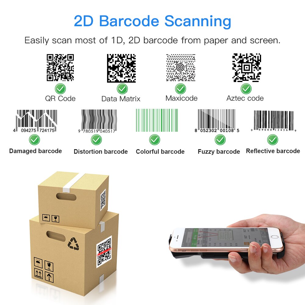 2D Back Clip Bluetooth Barcode Scanner Phone Work Portable Barcode Reader Data Matrix 1D 2D QR Scanner Android IOS System