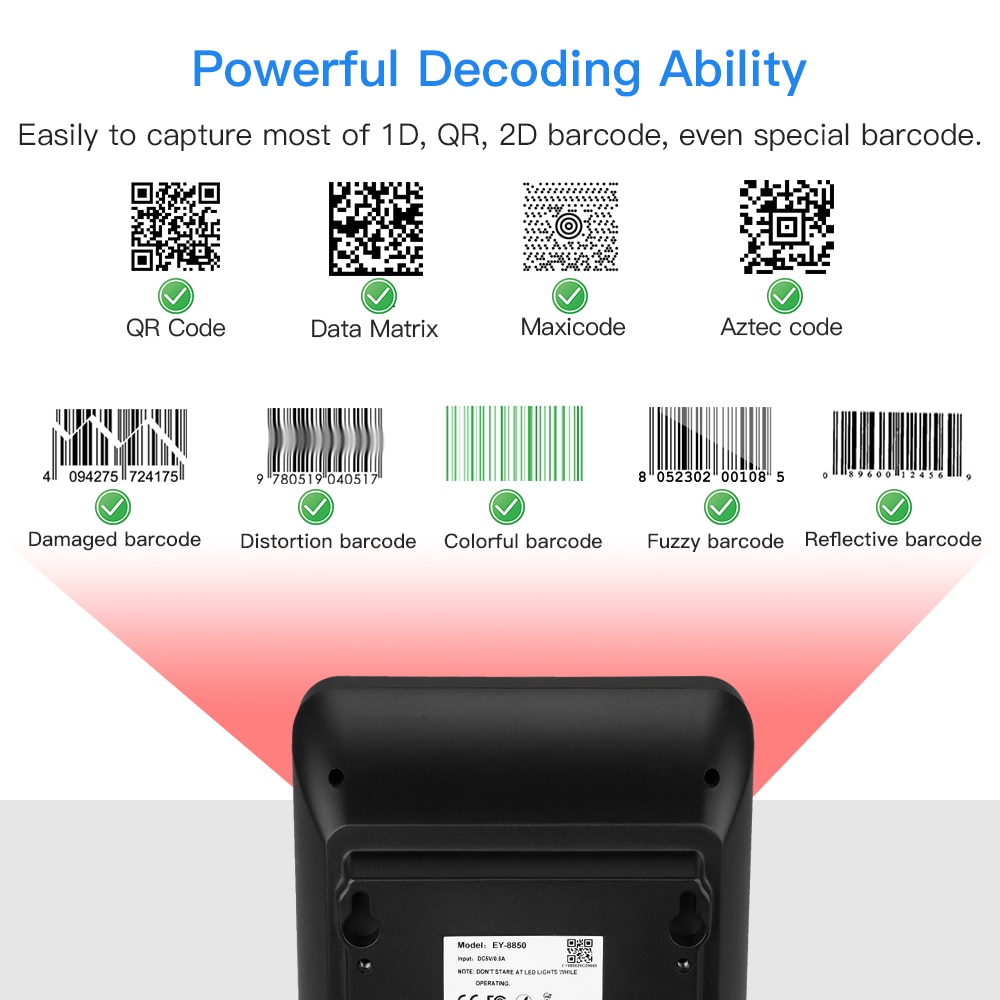 EYOYOEY-8550 2D Desktop Barcode Scanner, Omnidirectional Hands-Free Wired USB Big Barcode Reader 1D QR Screen Barcodes Scanning Scanner