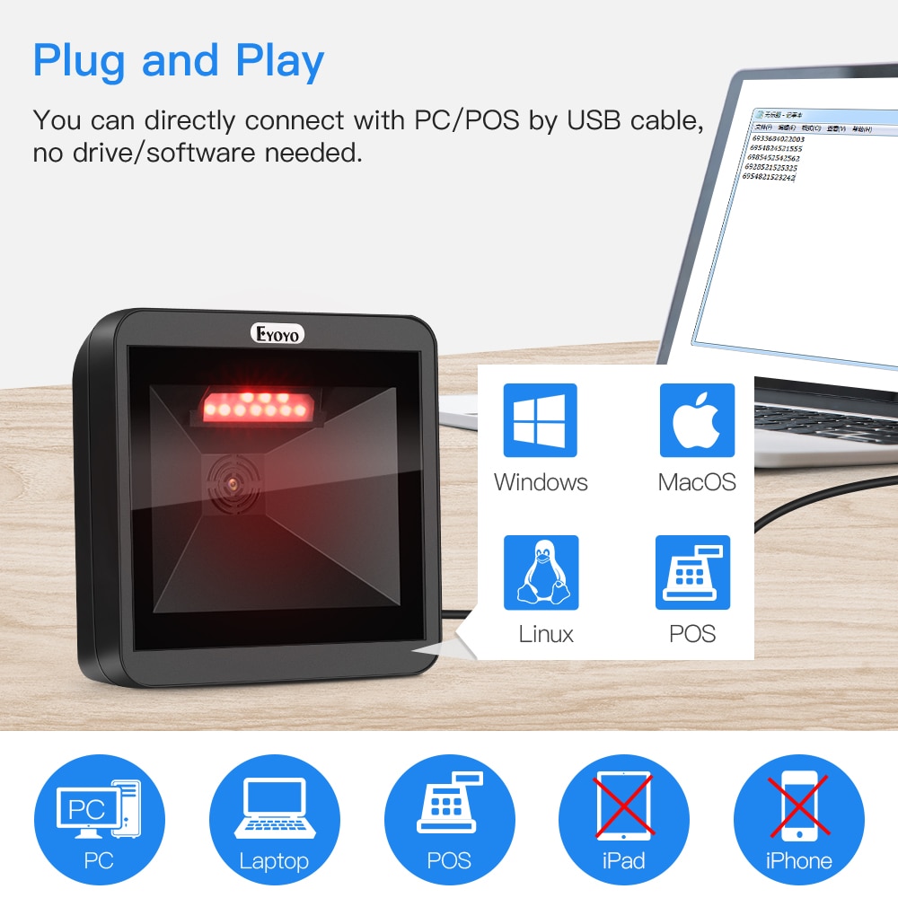 EYOYOEY-8550 2D Desktop Barcode Scanner, Omnidirectional Hands-Free Wired USB Big Barcode Reader 1D QR Screen Barcodes Scanning Scanner