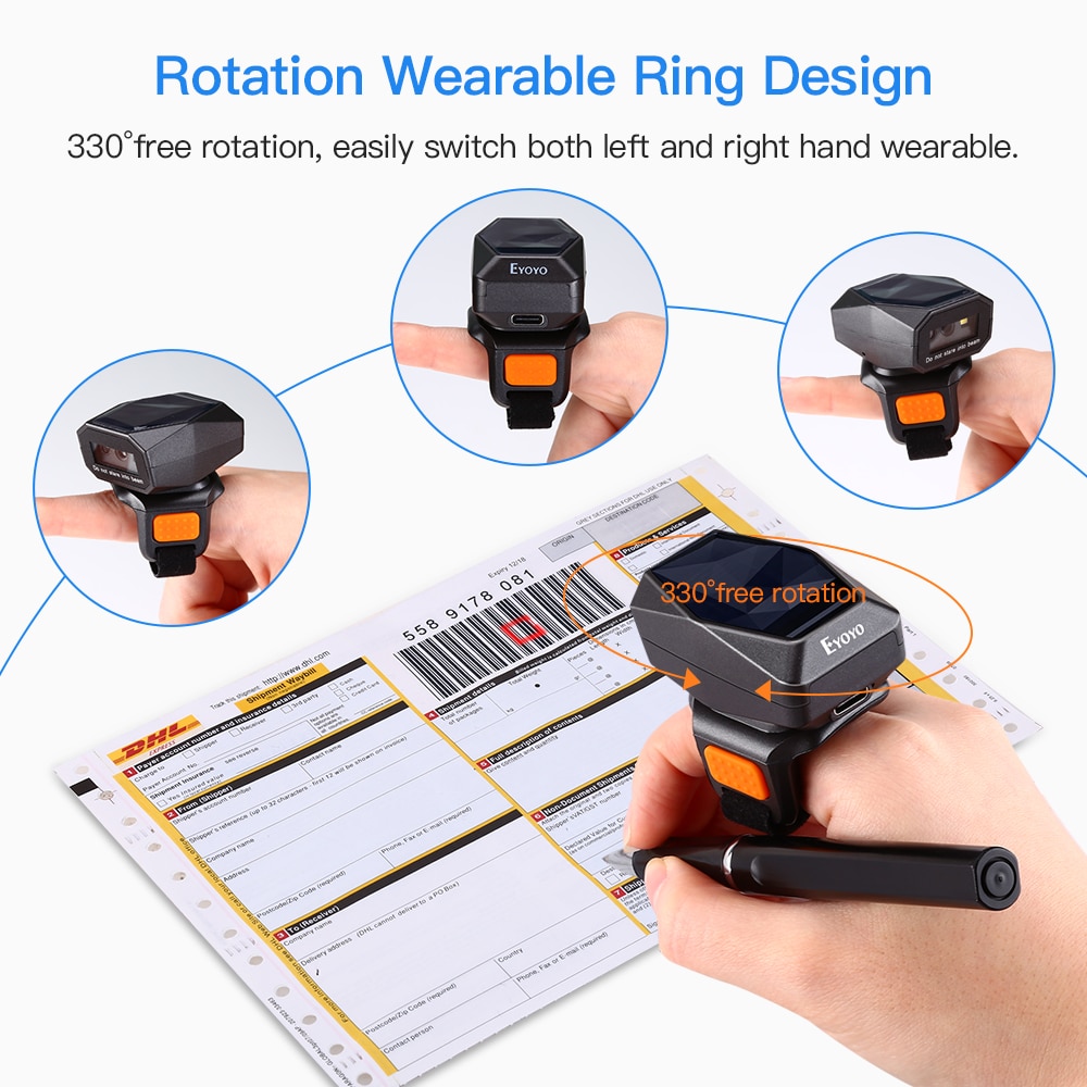 2D Wearable Ring Barcode Scanner Mini Portable 3-in-1 USB Wired 2.4G Wireless Bluetooth finger scanner iPad iPhone Android