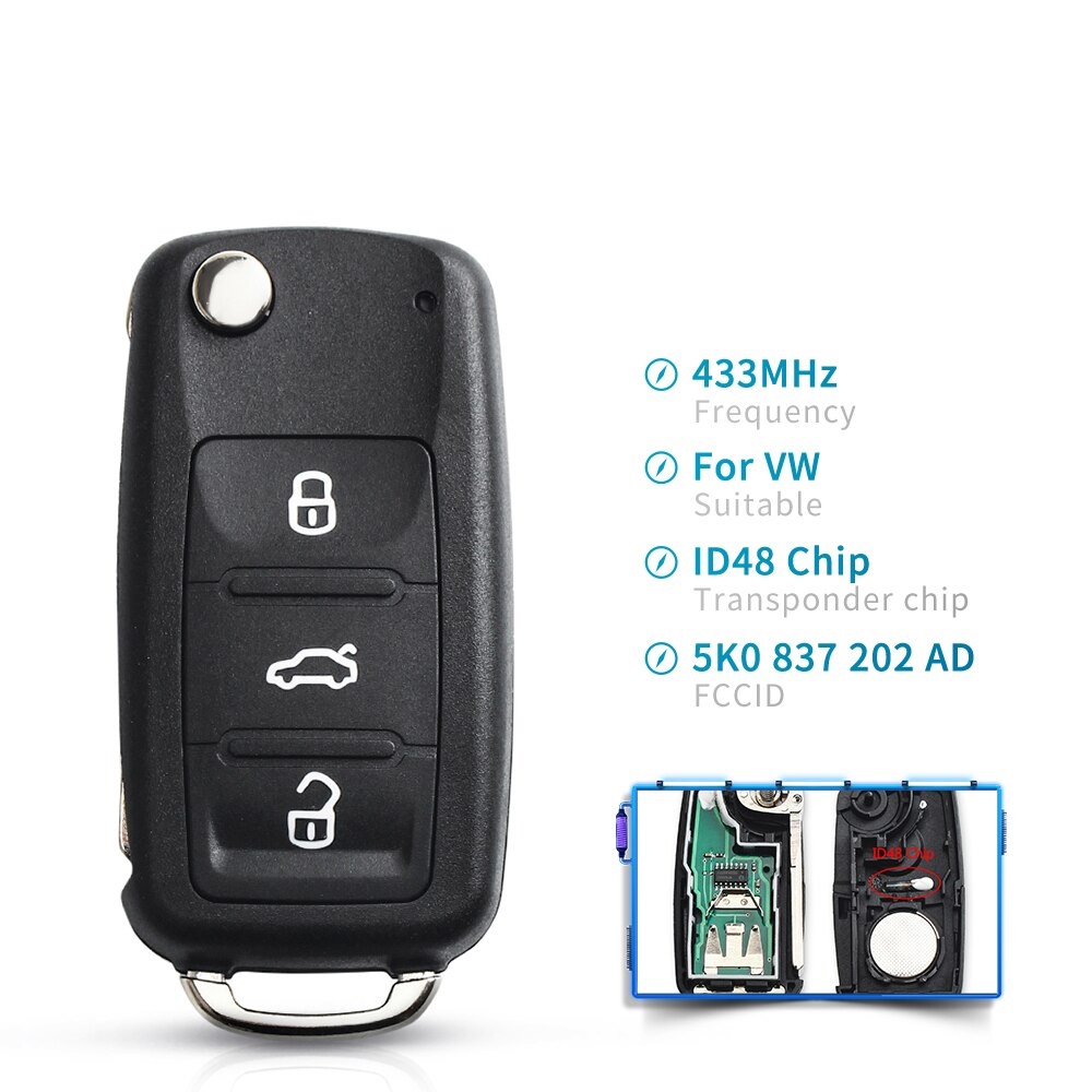 3 Buttons 5K0837202AD Flip Remote Key 434MHz ID48 Chip For VW Volkswagen Golf PASSAT Tiguan Polo Jetta Beetle Car Keyless