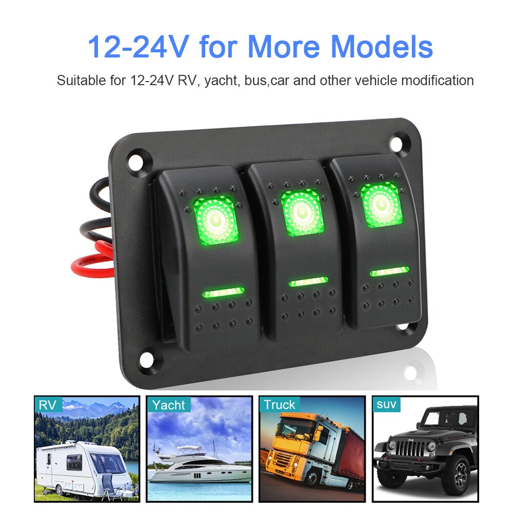 3 Gang Rocker Switch Panel With Icon Sticker DC 12V/24V Car Truck Marine Ship Circuit Breaker ON/OFF Lights Auto Accessories