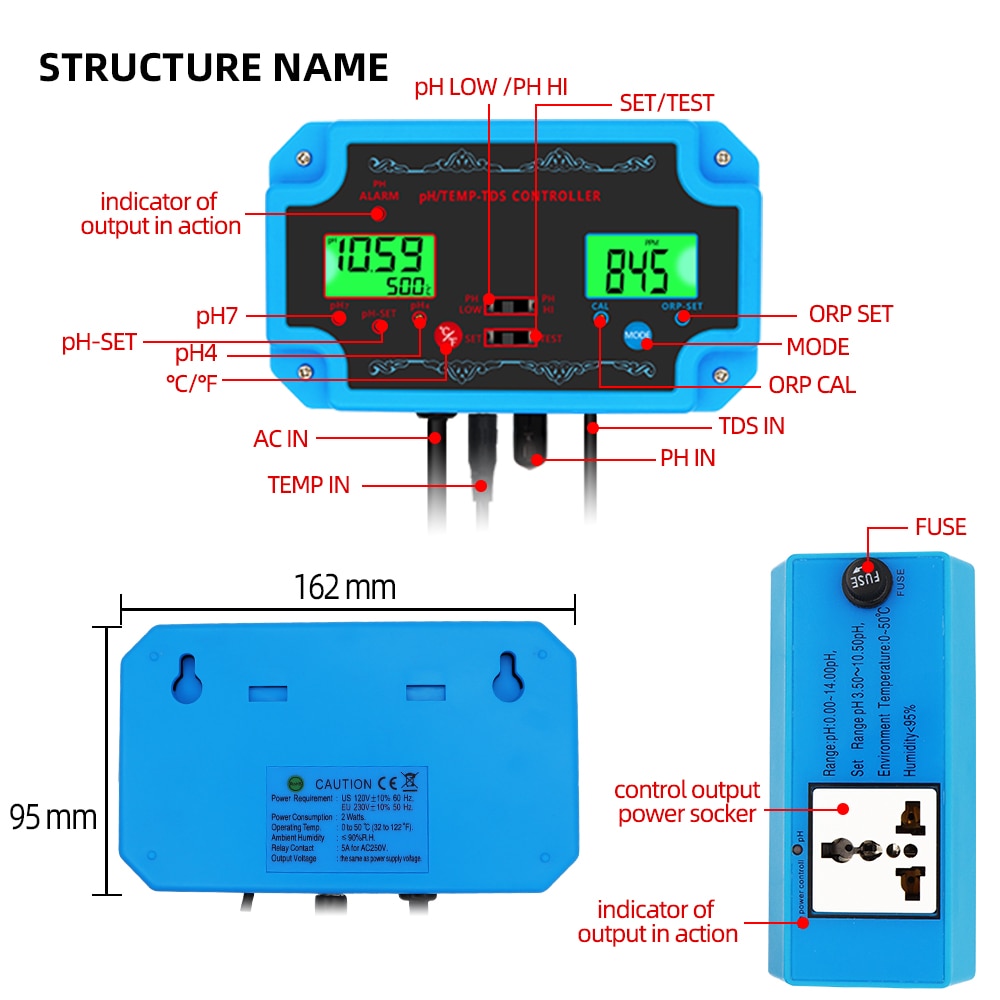 New 3 in 1 PH/TEMP/TDS Controller Water Quality Detector pH Controller with Electrode BNC Type Probe Tester for Aquarium