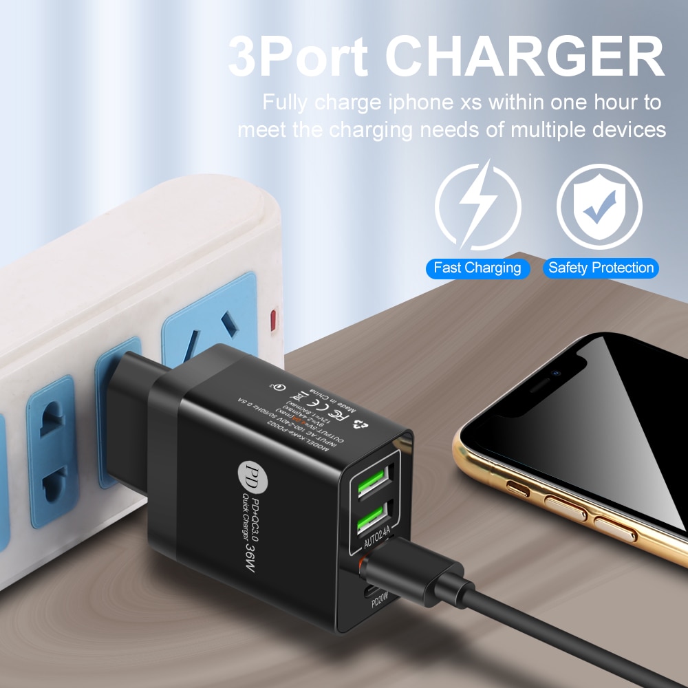 36W 4 Port Type C Quick Charge 3.0 EU UK US USB C Charger Fast Charging PD Mobile Phone Charger For iphone Samsung Xiaomi