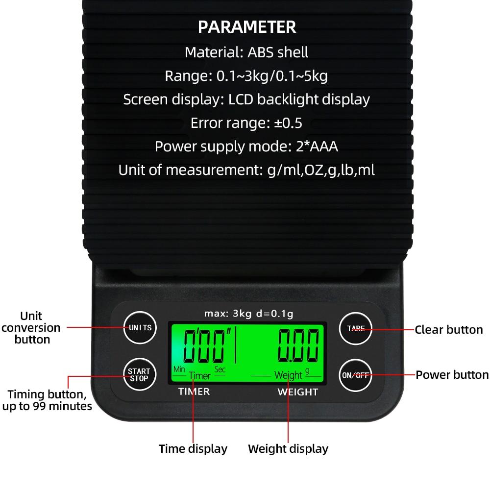 3kg/0.1g Multi-function Drip Coffee Scale With Timer Digital Kitchen Coffee Scale High Precision LCD Electronic Scales