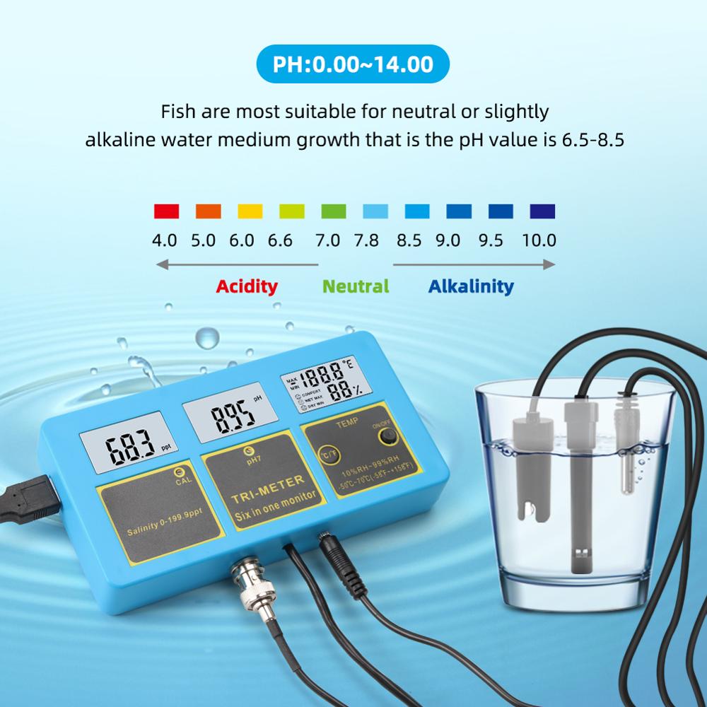 4 in 1 Online PH Salinity Temperature Humidity Water Quality Food Beverages Salt Content Aquarium Seawater ATC Meter