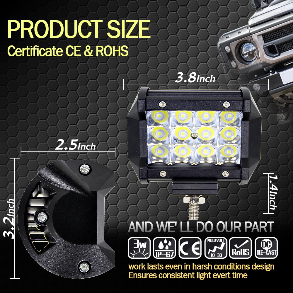 4 Inch 36W LED Work Light Bar Waterproof Dustproof Flood 12V Driving Offroad Lamp For Boat/SUV/Truck White 1/2/3/4pc