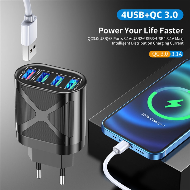 4 Port USB Charger Quick Charge QC 3.0 48W Wall Travel Phone Fast Charging For Samsung Xiaomi mi 11 EU US UK Plug Adapter