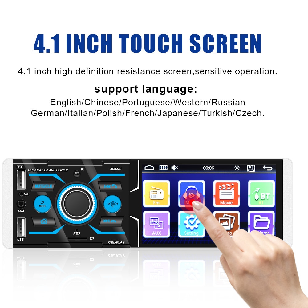 4.1'' Touch Screen Car MP5 Video Player Audio FM Radio Autoradio Multimedia Rear View Display USB Charger Stereo Bluetooth DC12V