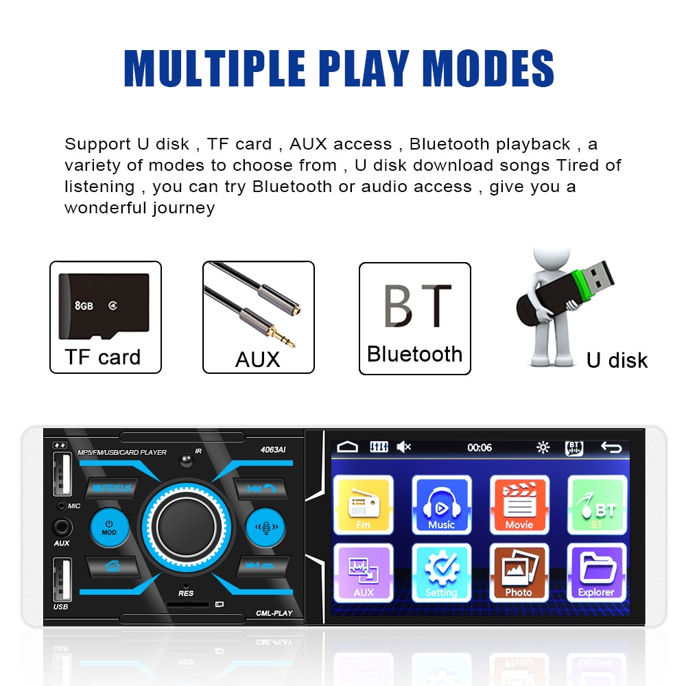 4.1'' Touch Screen Car MP5 Video Player Audio FM Radio Autoradio Multimedia Rear View Display USB Charger Stereo Bluetooth DC12V