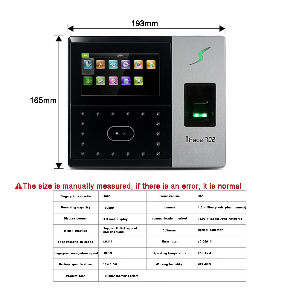 4.3 inch TFT touch screen iface702 Biometric Facial Fingerprint Scanner Time Attendance Time recording Device Door Security