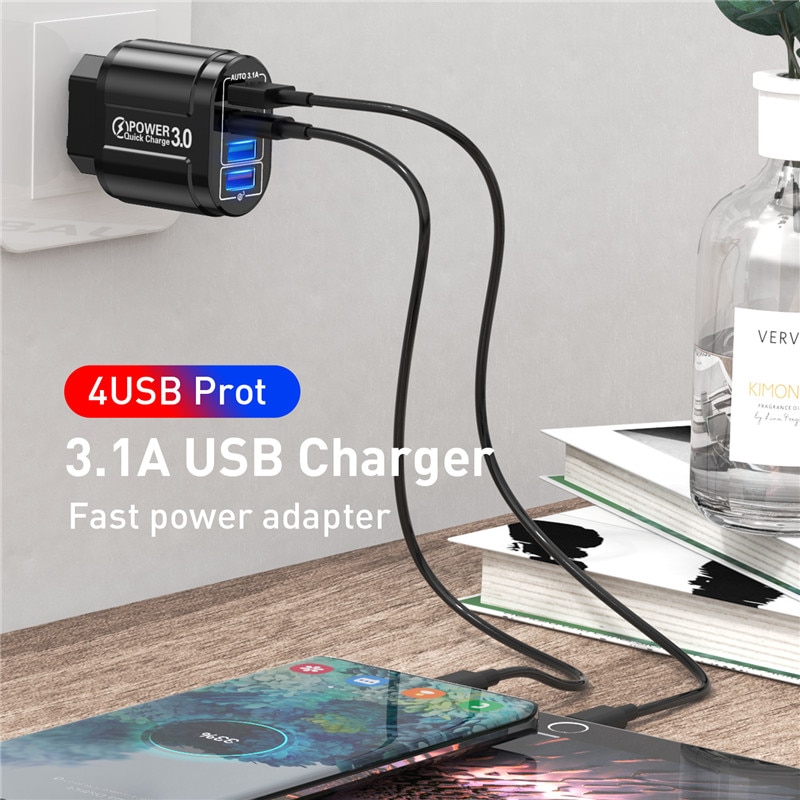 48W USB Charger Fast Charge QC 3.0 Wall Charging For iPhone 12 11 Samsung Xiaomi Mobile 4 Ports EU US Plug Adapter Travel