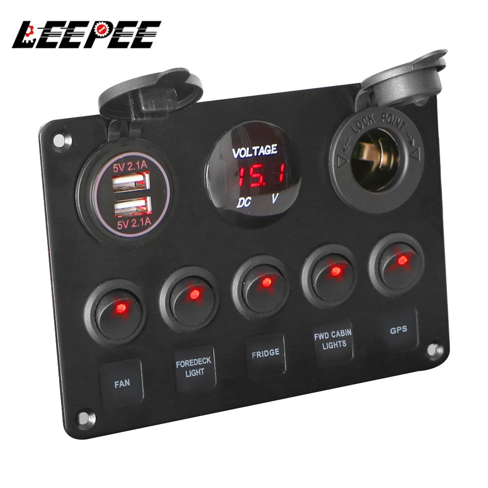 5 Gang 12V Waterproof Intergrated Switch Panel Digital Voltmeter Dual USB Port For Car Marine LED Rocker Accessories