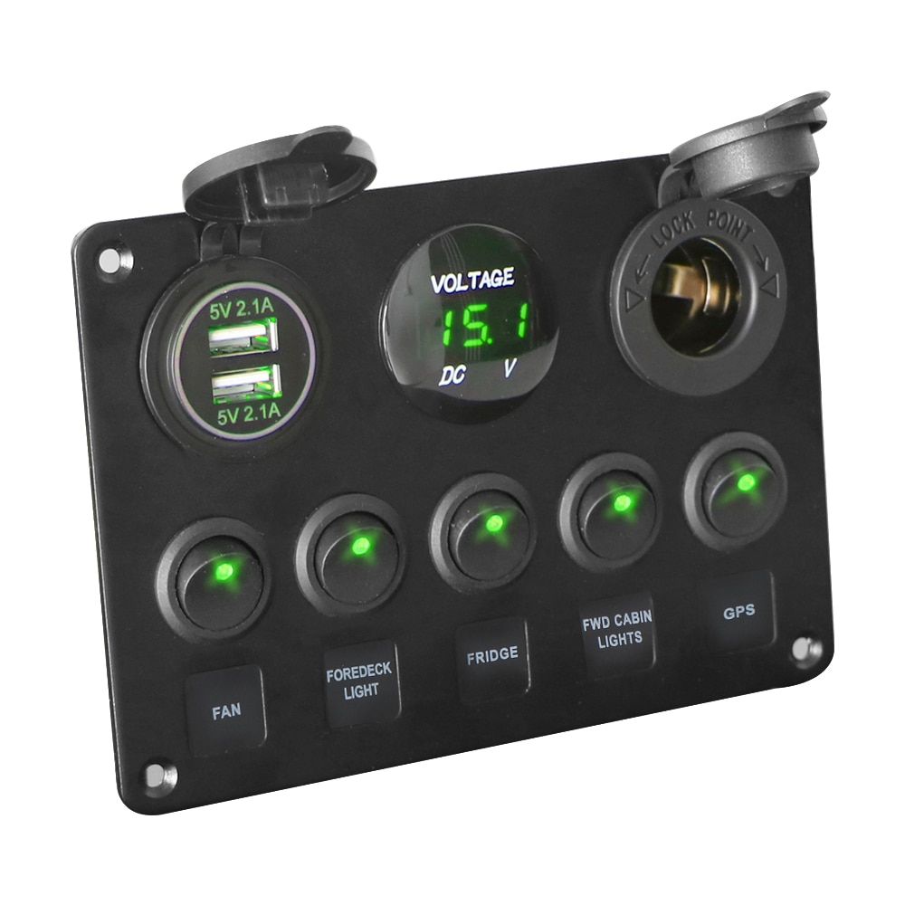 5 Gang 12V Waterproof Intergrated Switch Panel Digital Voltmeter Dual USB Port For Car Marine LED Rocker Accessories