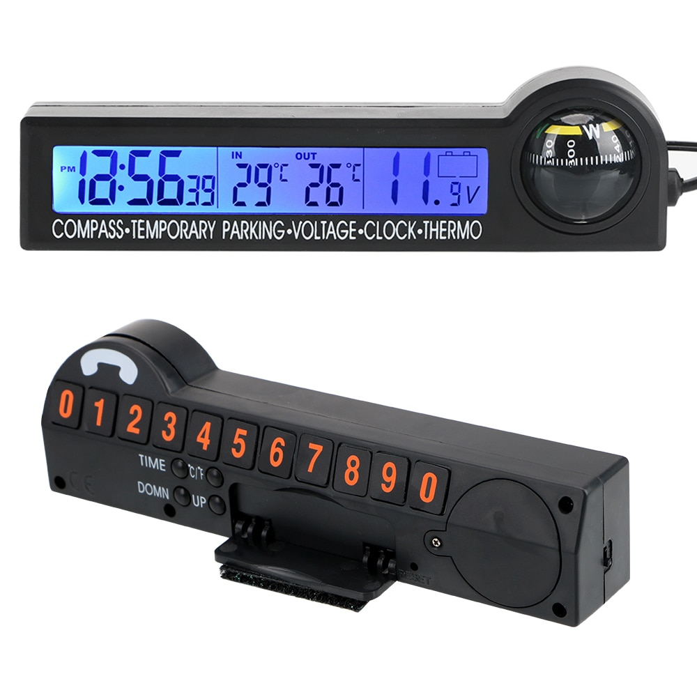 5 in 1 Car Temporary parking card LCD Display Digital Blue Orange back light Multi-Function Clock Calendar Compass Thermometer