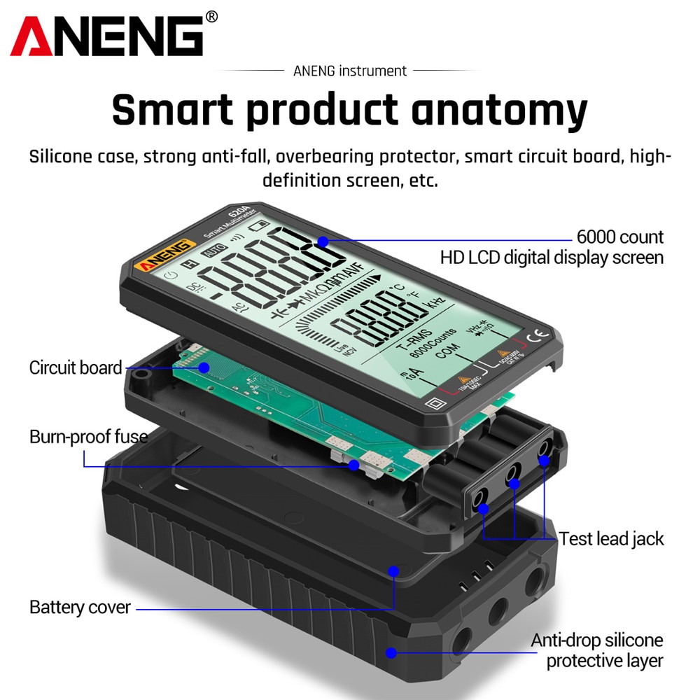 ANENG 620A Digital Smart Multimeter Transistor Testers 6000 Counts True RMS Auto Electrical Capacitance Meter Temp Resistance