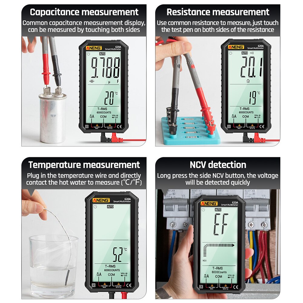 ANENG 620A Digital Smart Multimeter Transistor Testers 6000 Counts True RMS Auto Electrical Capacitance Meter Temp Resistance