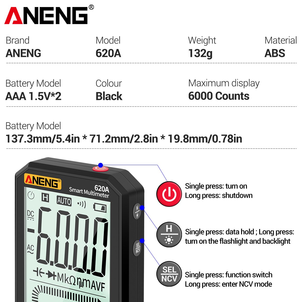 ANENG 620A Digital Smart Multimeter Transistor Testers 6000 Counts True RMS Auto Electrical Capacitance Meter Temp Resistance