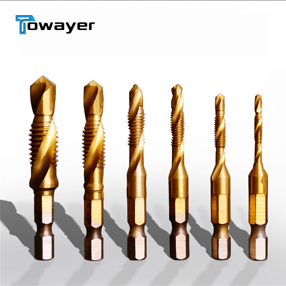 6pcs Titanium Plated Hex Shank HSS Screw Thread Metric Tap Drill Bits Screw Machine Compound M3 M4 M5 M6 M8 M10 Hand Tools