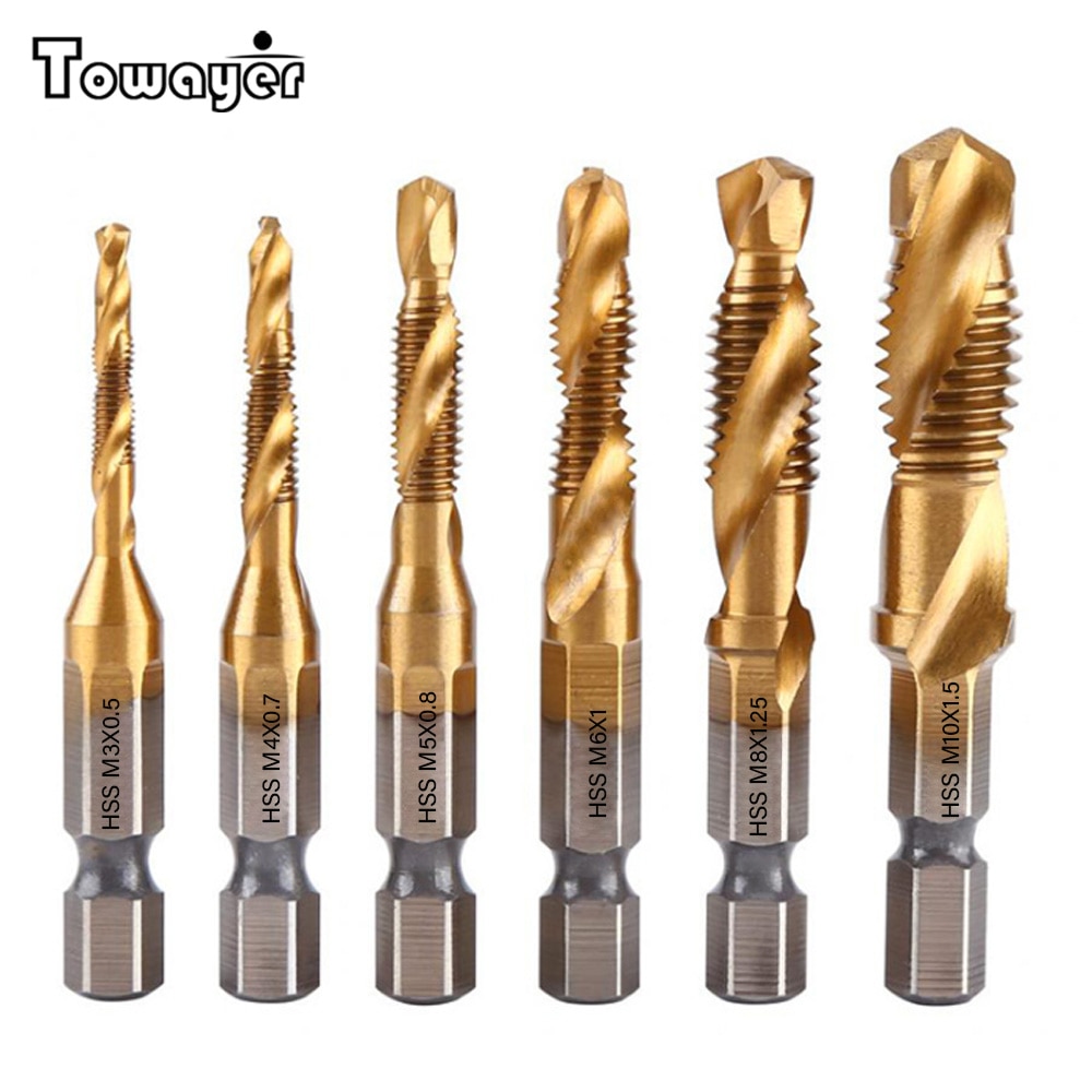 6pcs Titanium Plated Hex Shank HSS Screw Thread Metric Tap Drill Bits Screw Machine Compound M3 M4 M5 M6 M8 M10 Hand Tools