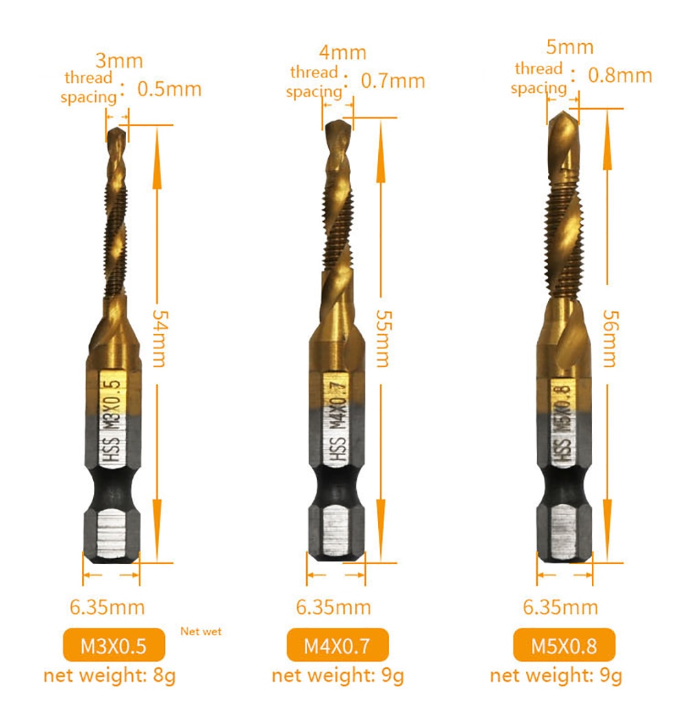 6pcs Titanium Plated Hex Shank HSS Screw Thread Metric Tap Drill Bits Screw Machine Compound M3 M4 M5 M6 M8 M10 Hand Tools