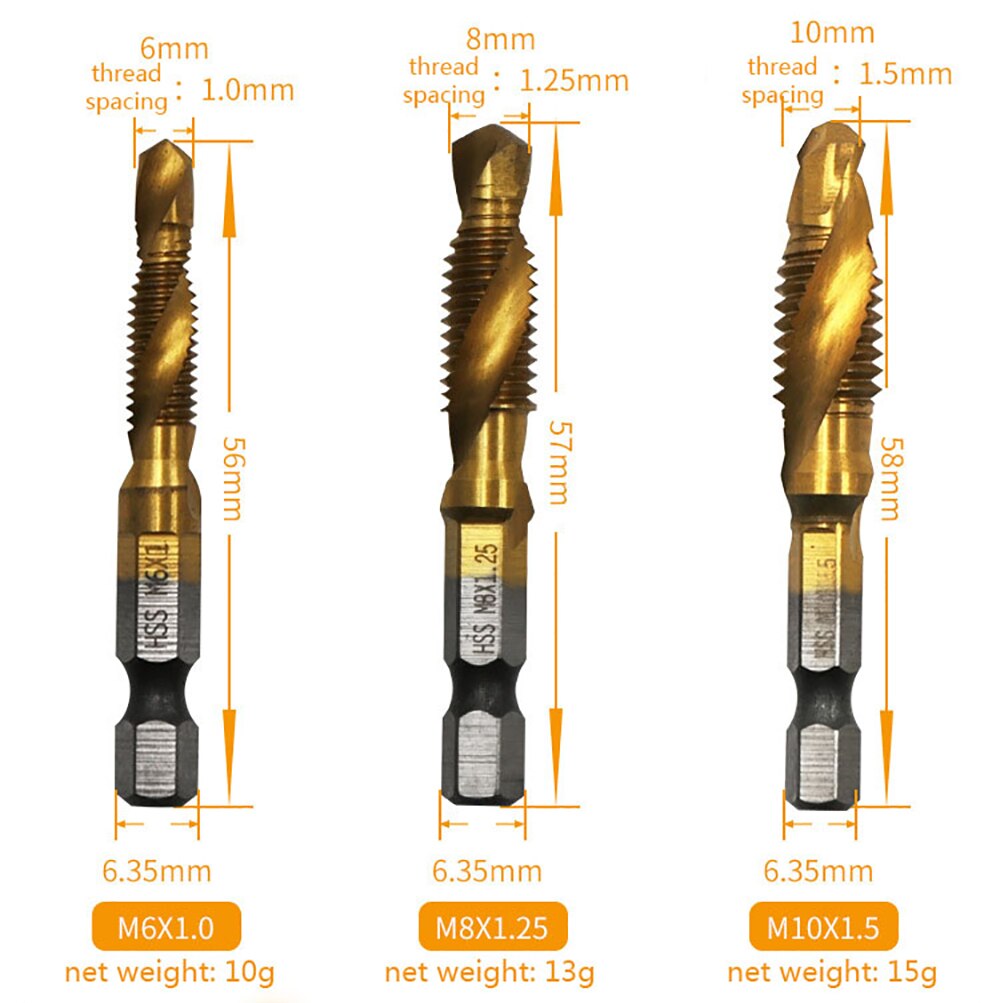 6pcs Titanium Plated Hex Shank HSS Screw Thread Metric Tap Drill Bits Screw Machine Compound M3 M4 M5 M6 M8 M10 Hand Tools