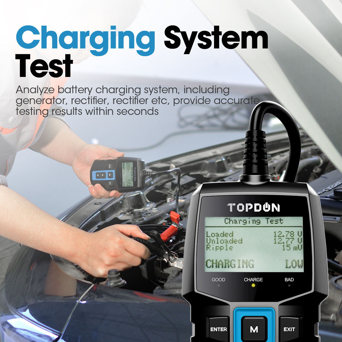 6V/12V Car Battery Tester BT100TOPDON 100-2000CCA Charger Analyzer Tester CRANKING CHARGING TEST Auto Load Voltage Battery Test