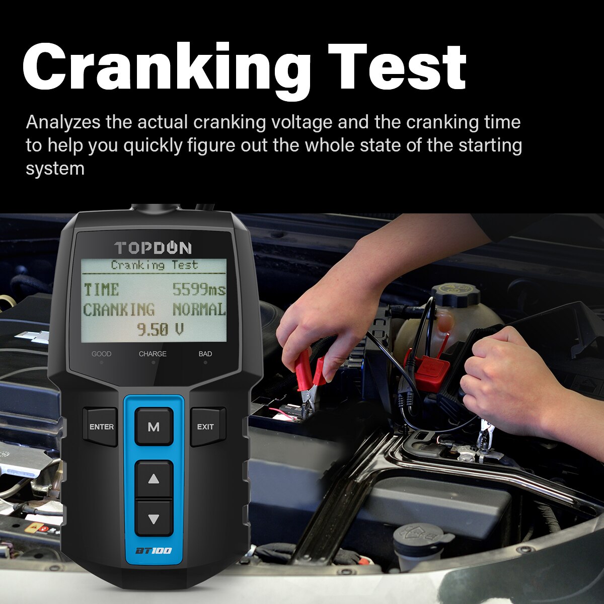 6V/12V Car Battery Tester BT100TOPDON 100-2000CCA Charger Analyzer Tester CRANKING CHARGING TEST Auto Load Voltage Battery Test