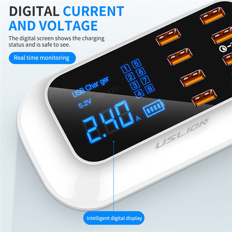 3.0 LED Display Multi USB Charging Station Mobile Phone Desktop Wall Home EU Plug