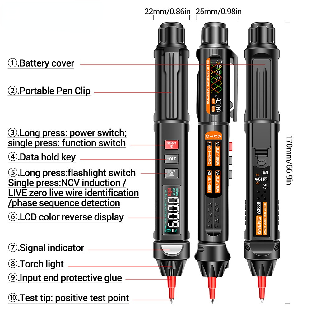 ANENG A3009 Mini Digital Multimeter Pen Smart Voice Broadcast Tester Meter Multimetro DC AC Voltage Professional Test Tools