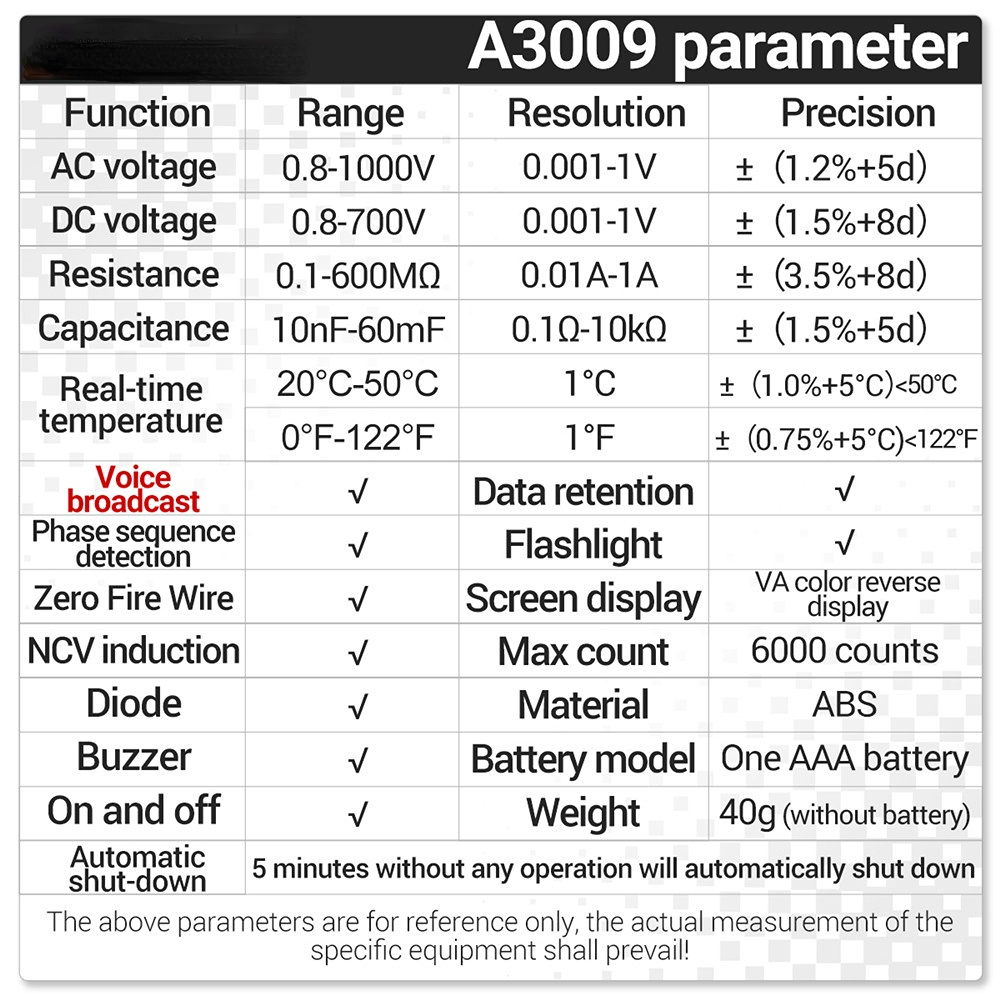 ANENG A3009 Mini Digital Multimeter Pen Smart Voice Broadcast Tester Meter Multimetro DC AC Voltage Professional Test Tools
