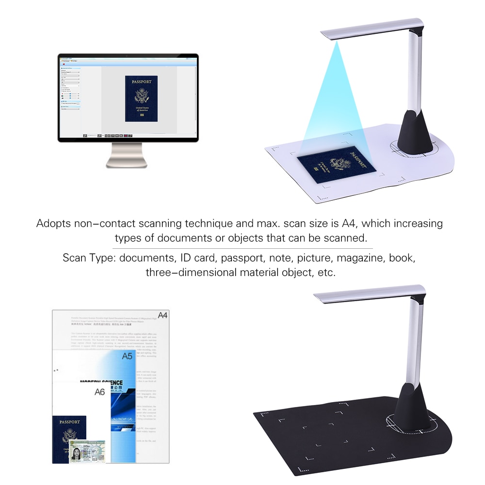 A4 Portable High Speed USB Book Picture Document Camera Scanner 5 Mega-pixel HD High-Definition Max with OCR Function LED Light