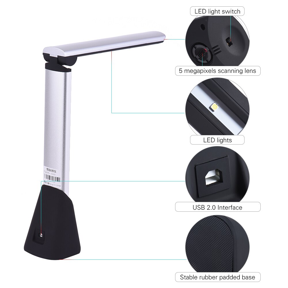 A4 Portable High Speed USB Book Picture Document Camera Scanner 5 Mega-pixel HD High-Definition Max with OCR Function LED Light